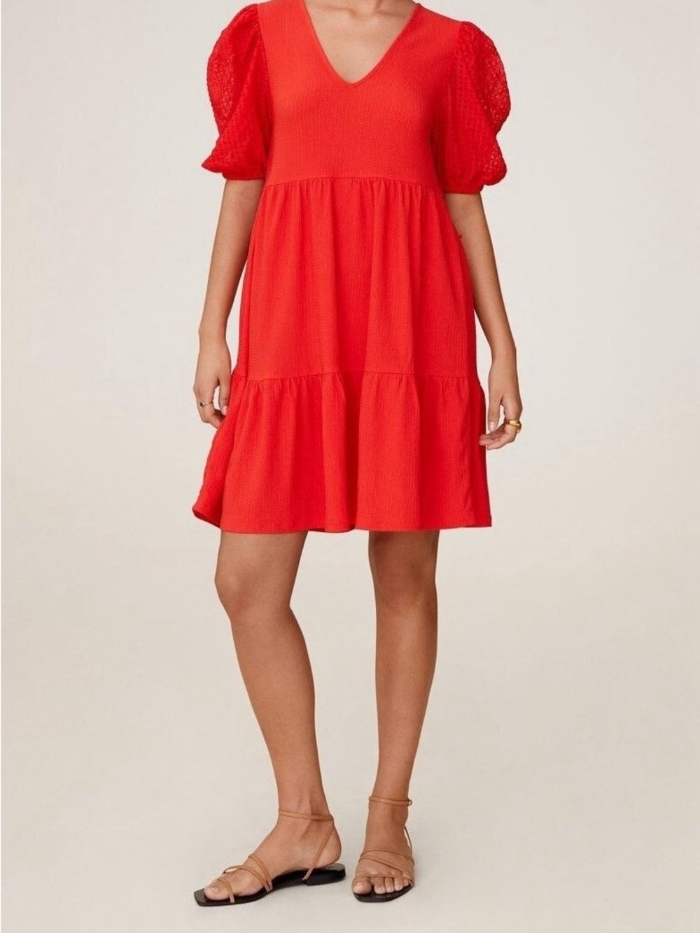 Mango Bright Red V-Neck Puff Sleeve Tiered Mini Dress | NWT | Size 2